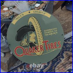 Vintage Quaker City Rubber Tires Porcelain Enamel Gas & Oil Garage Man Cave Sign