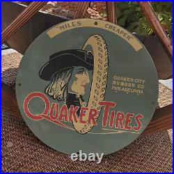 Vintage Quaker City Rubber Tires Porcelain Enamel Gas & Oil Garage Man Cave Sign