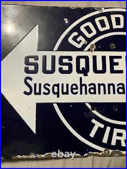 Vintage RARE Goodrich Tires Porcelain Susquehanna Auto Club Arrow Sign 18 x 12