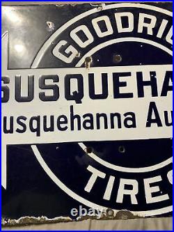 Vintage RARE Goodrich Tires Porcelain Susquehanna Auto Club Arrow Sign 18 x 12