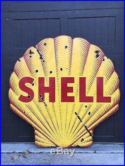 Vintage RARE Porcelain SHELL Gasoline OIL TIRE AUTO Sign 48
