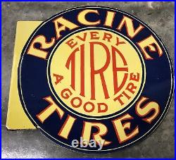 Vintage Racine Tires Flange Double Sided 14.5 Porcelain Gas Oil Sign