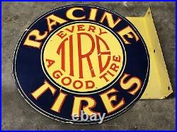 Vintage Racine Tires Flange Double Sided 14.5 Porcelain Gas Oil Sign