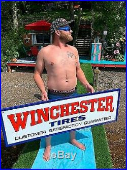 Vintage Rare Lg Metal Winchester Tires Sign Gasoline Gas Oil 54X18