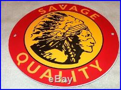 Vintage Savage Quality Tires Indian 11 3/4 Porcelain Metal Gasoline & Oil Sign