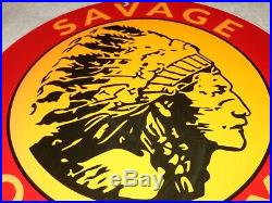 Vintage Savage Quality Tires Indian 11 3/4 Porcelain Metal Gasoline & Oil Sign