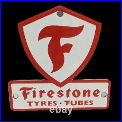 Vintage Sign Firestone Tires White Red Metal Enamel Gas Station Deco 5 x 5 Used