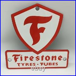 Vintage Sign Firestone Tires White Red Metal Enamel Gas Station Deco 5 x 5 Used