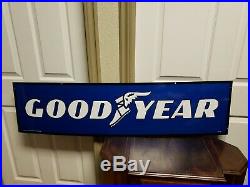 Vintage Sign Goodyear Tires 2 sided Advertising Sign Blue White Painted 1986