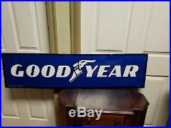 Vintage Sign Goodyear Tires 2 sided Advertising Sign Blue White Painted 1986
