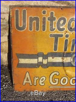 Vintage US TIRES METAL Sign c. 1974 OIL CAN gas station EARLY TIN TACKER