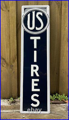Vintage Us Tires Embossed Metal Sign Service Station Gas Oil Auto Parts Mechanic