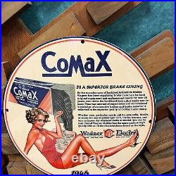 Vintage Wagner Comax Porcelain Gas Oil Brake Lining Auto Parts Tire Pump Sign Ad