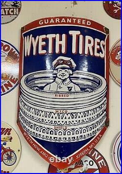 Vintage Wyeth Tires Curved 28.5 Porcelain Gas & Oil Pole Sign