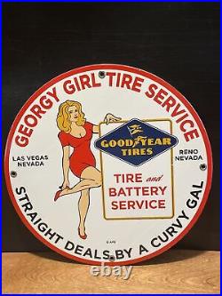 Vintage''good-year Tires'' Gas & Oil Pump Plate 12 Inches Porcelain Sign