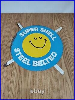 Vintage super Shell Steel belted Tire sign metal motor oil gas station graphic