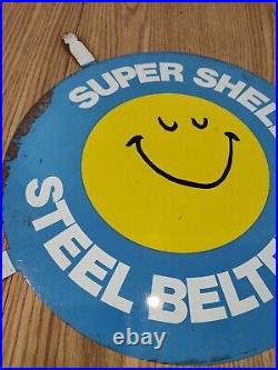Vintage super Shell Steel belted Tire sign metal motor oil gas station graphic