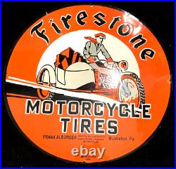 Vntg Art FIRESTONE MOTORCYCLE TIRES PORCELAIN SIGN Rare Advertising 30 Diameter