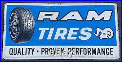 Vtg 1976 Ram Tires Tire Gas Station Oil Tin Metal Sign 48x24 Dodge Truck 70s