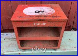 Vtg 50s 60s TECH TIRE DOCTOR Rolling Display Rack Shelf Cabinet with Mechanic Guy