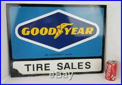 Vtg Goodyear Tire Sales Dealer Double Sided Metal Sign with Bracket Paint Flaking