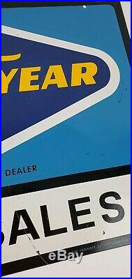 Vtg Goodyear Tire Sales Independent Dealer Double Sided Metal Sign with Bracket VG