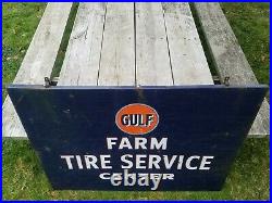 Vtg Gulf Oil Farm Tire Service Center Icebox Gas Station Advertising Sign Panel
