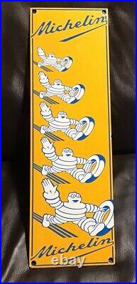 Vtg MICHELIN TIRES BIBENDUM MAN PORCELAIN GASOLINE OIL SERVICE STATION SIGN 19x6