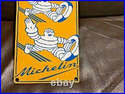 Vtg MICHELIN TIRES BIBENDUM MAN PORCELAIN GASOLINE OIL SERVICE STATION SIGN 19x6