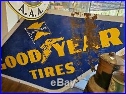 Vtg Original 1940's Goodyear Tires Double Sided 10 Foot Gas Oil Porcelain Sign