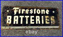 Vtg Original Firestone Batteries Display Advertising Metal 2 Sided Sign Black