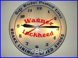 WAGNER LOCKHEED BRAKES Double Bubble Lighted Vintage Advertising Clock Lit Sign