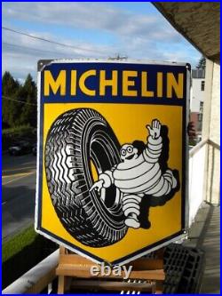 XL Vintage Michelin Porcelain Sign Tires Bibendum Oil Truck Racing Advertising