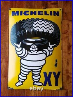 XL Vintage Michelin Xy Porcelain Sign Truck Tires Station Bibendum Advertising
